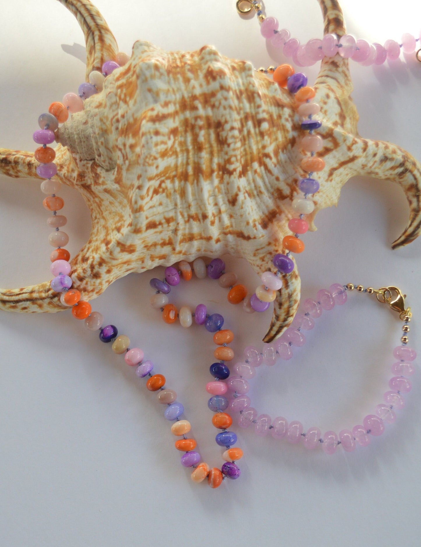Purple, Orange and Pink Smooth Rondelle Opal Gemstones Hand Knotted on Lilac Silk. 18k Gold Filled Italian Lobster Clasp.