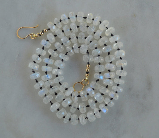 AAA Faceted Blue Fire Moonstone Rondelle Gemstones Hand Knotted on Black Silk.  18K Gold Filled Hook and Eye Clasp. Sparkly & Bright