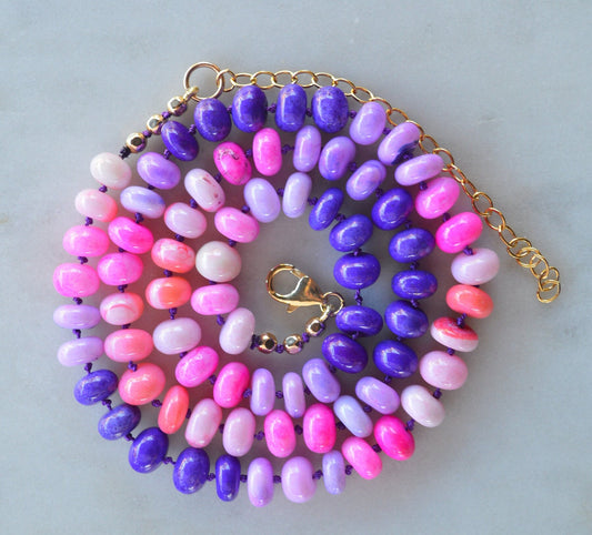 22" Pink and Purple Smooth Rondelle Opal Rondelle Beads Hand Knotted on Dark Amethyst Silk.  Comes with 3" Gold Filled Extender Chain