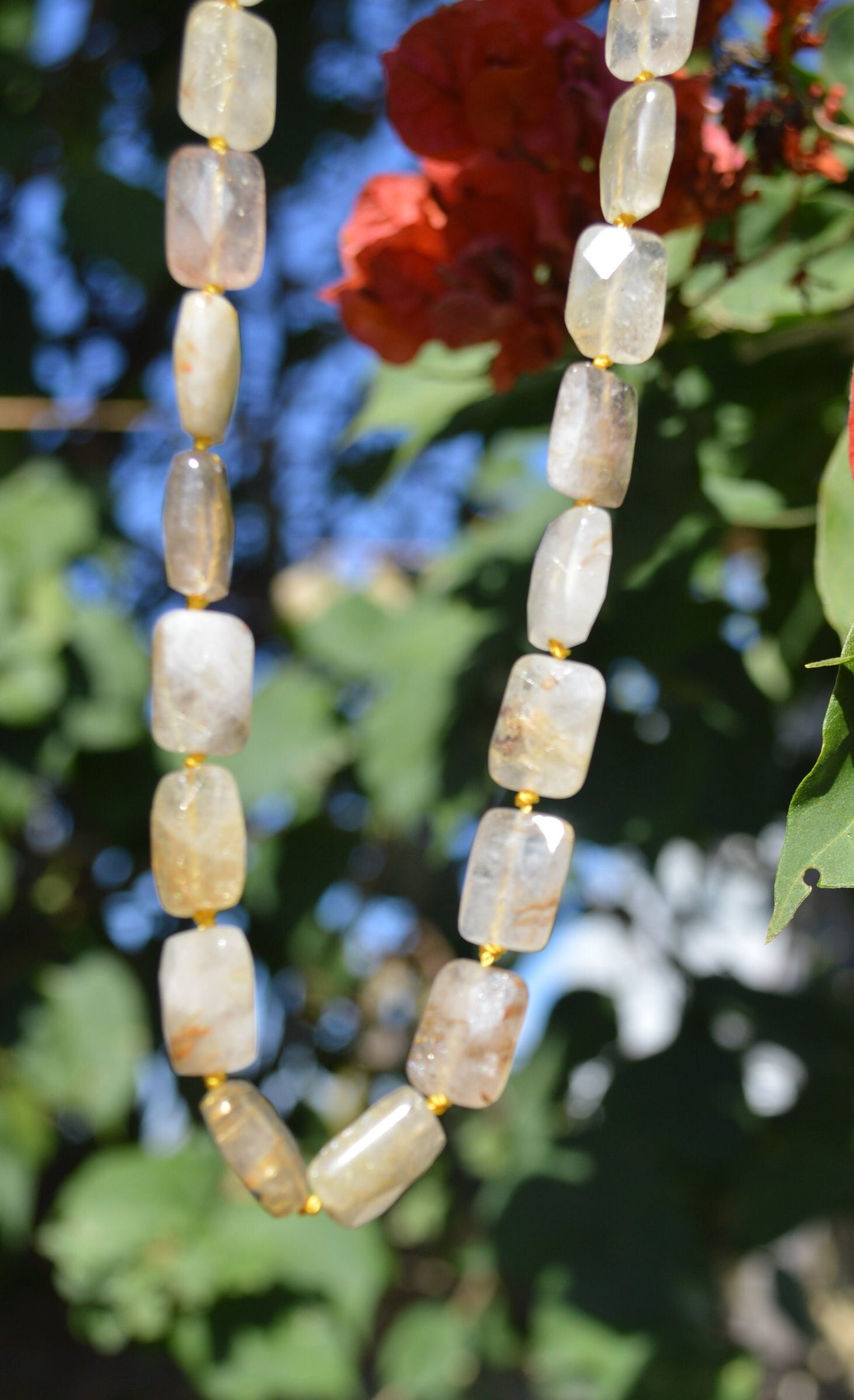 Golden Rutilated Quartz Faceted Cube Beads Hand Knotted on Yellow Silk.  18k Gold Filled Lobster Claw Clasp and Faceted Beads