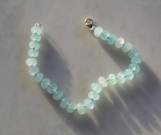 Natural Aqua Blue Chalcedony Bracelet Hand Knotted on Turquoise Silk. Sterling Lobster Clasp. 7 1/2" --8" Length. 8mm Beads