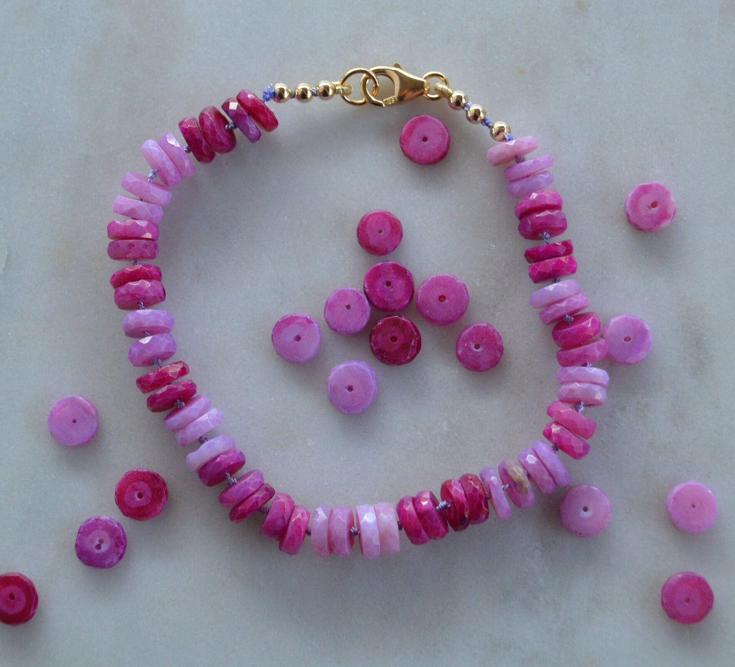 Ruby Shaded Peruvian Opal Heishi Disc Gemstone Bracelet.  Hand Knotted on Lilac Silk. 18K Gold Filled Clasp and Beads. Choose your length