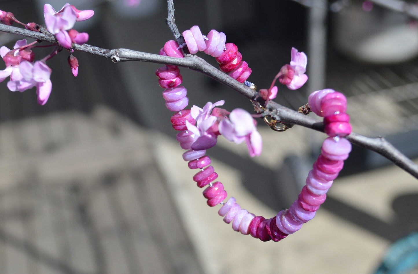 Ruby Shaded Peruvian Opal Heishi Disc Gemstone Bracelet.  Hand Knotted on Lilac Silk. 18K Gold Filled Clasp and Beads. Choose your length