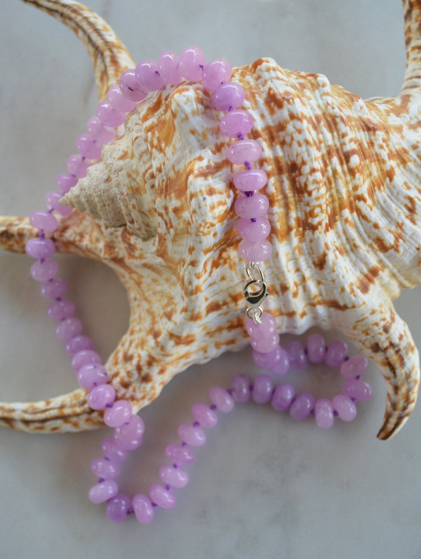 Lavender Quartz Necklace Hand Knotted on Purple Silk. 16, 18, or 20" Long.  Sterling Silver Lobster Claw Clasp. 7-8MM Gemstones