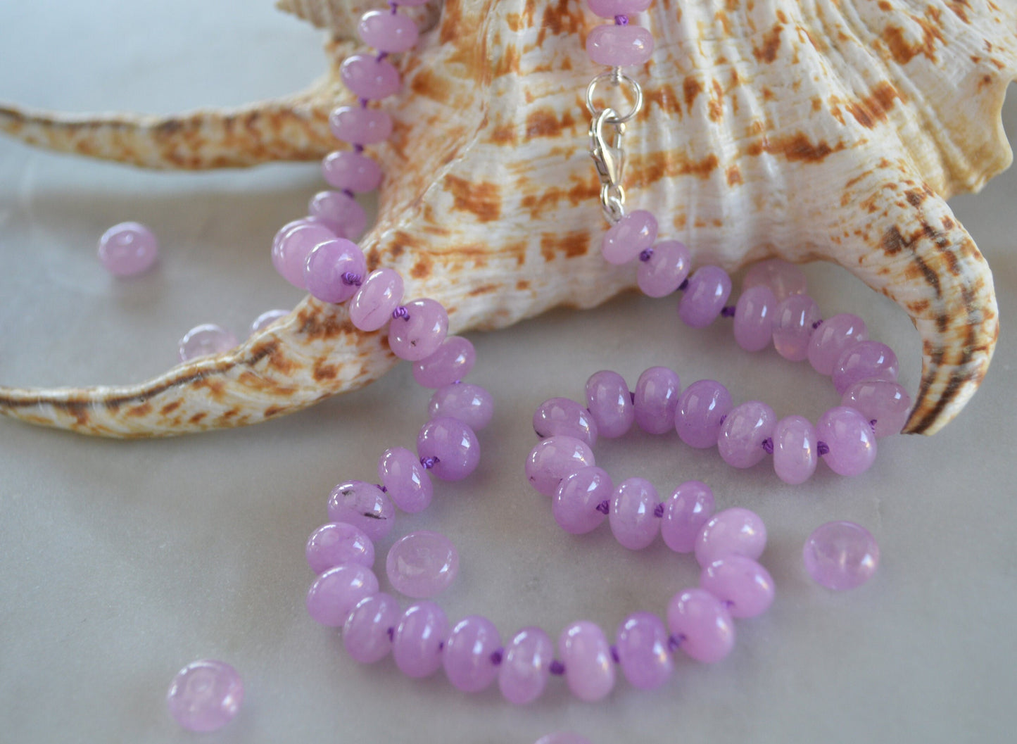 Lavender Quartz Necklace Hand Knotted on Purple Silk. 16, 18, or 20" Long.  Sterling Silver Lobster Claw Clasp. 7-8MM Gemstones