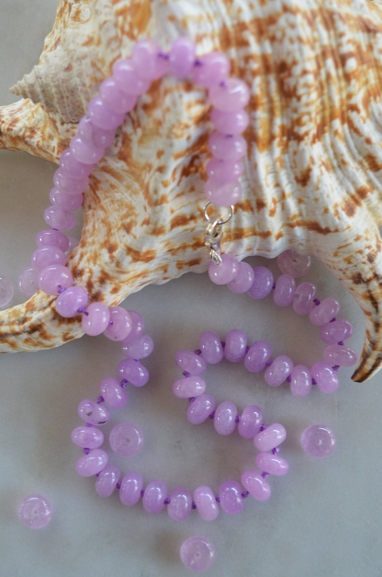 Lavender Quartz Necklace Hand Knotted on Purple Silk. 16, 18, or 20" Long.  Sterling Silver Lobster Claw Clasp. 7-8MM Gemstones