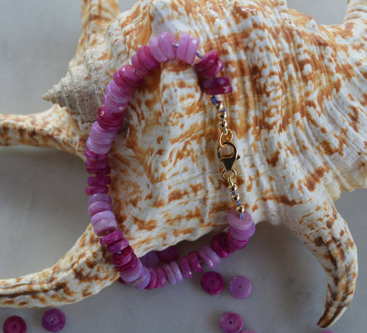 Ruby Shaded Peruvian Opal Heishi Disc Gemstone Bracelet.  Hand Knotted on Lilac Silk. 18K Gold Filled Clasp and Beads. Choose your length