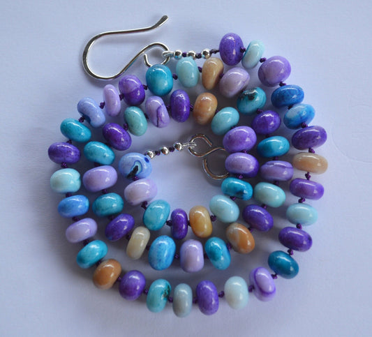 Purple, Lilac, Blue and Mocha Smooth Opal 19" Necklace Hand Knotted on Purple Silk.  Sterling Silver Hand Forged Hook and Eye Clasp.