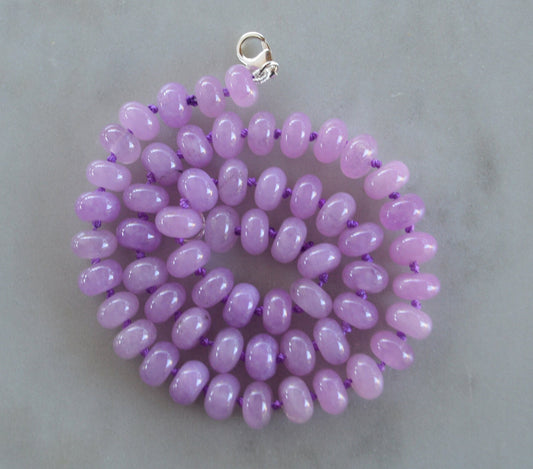 Lavender Quartz Necklace Hand Knotted on Purple Silk. 16, 18, or 20" Long.  Sterling Silver Lobster Claw Clasp. 7-8MM Gemstones