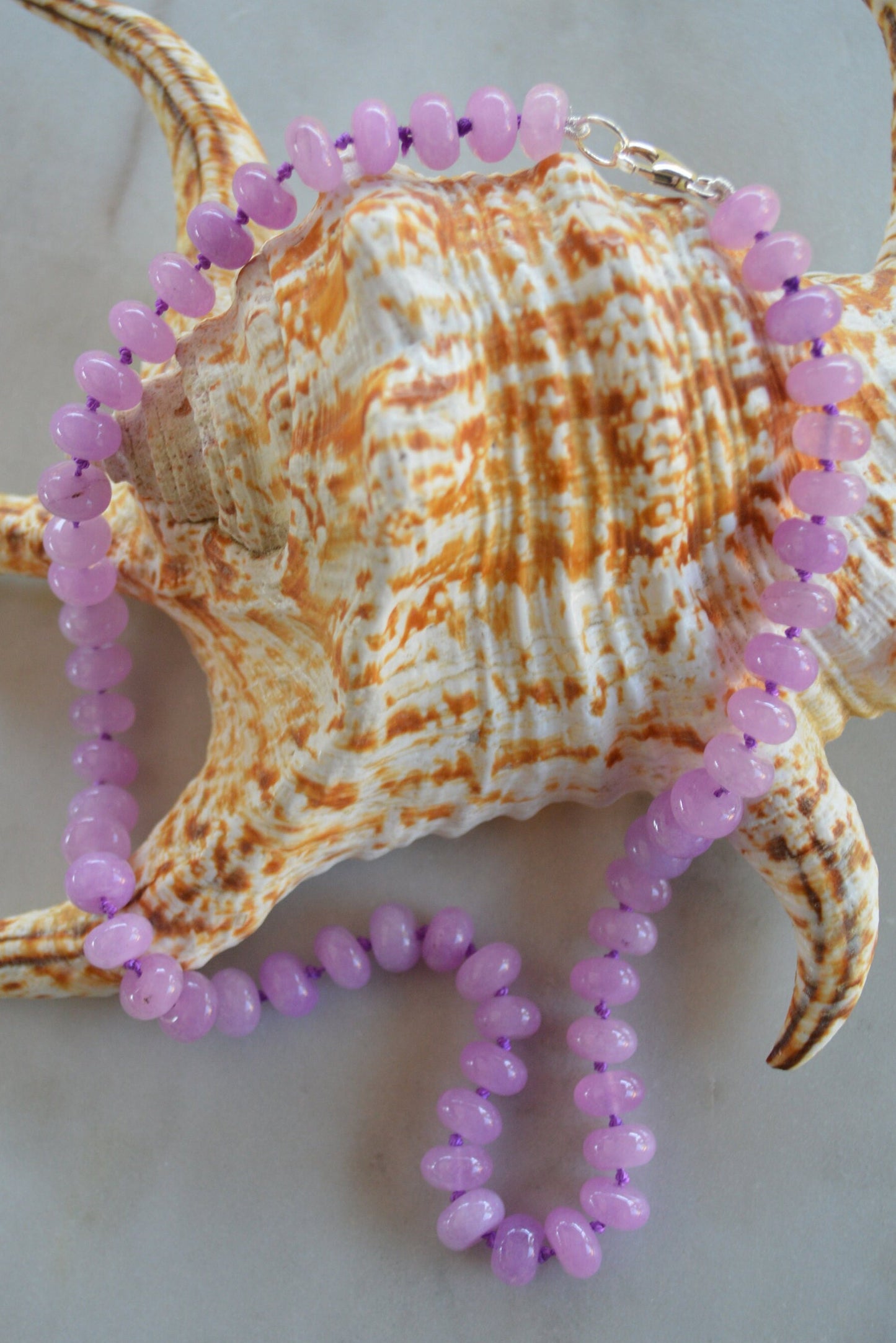 Lavender Quartz Necklace Hand Knotted on Purple Silk. 16, 18, or 20" Long.  Sterling Silver Lobster Claw Clasp. 7-8MM Gemstones