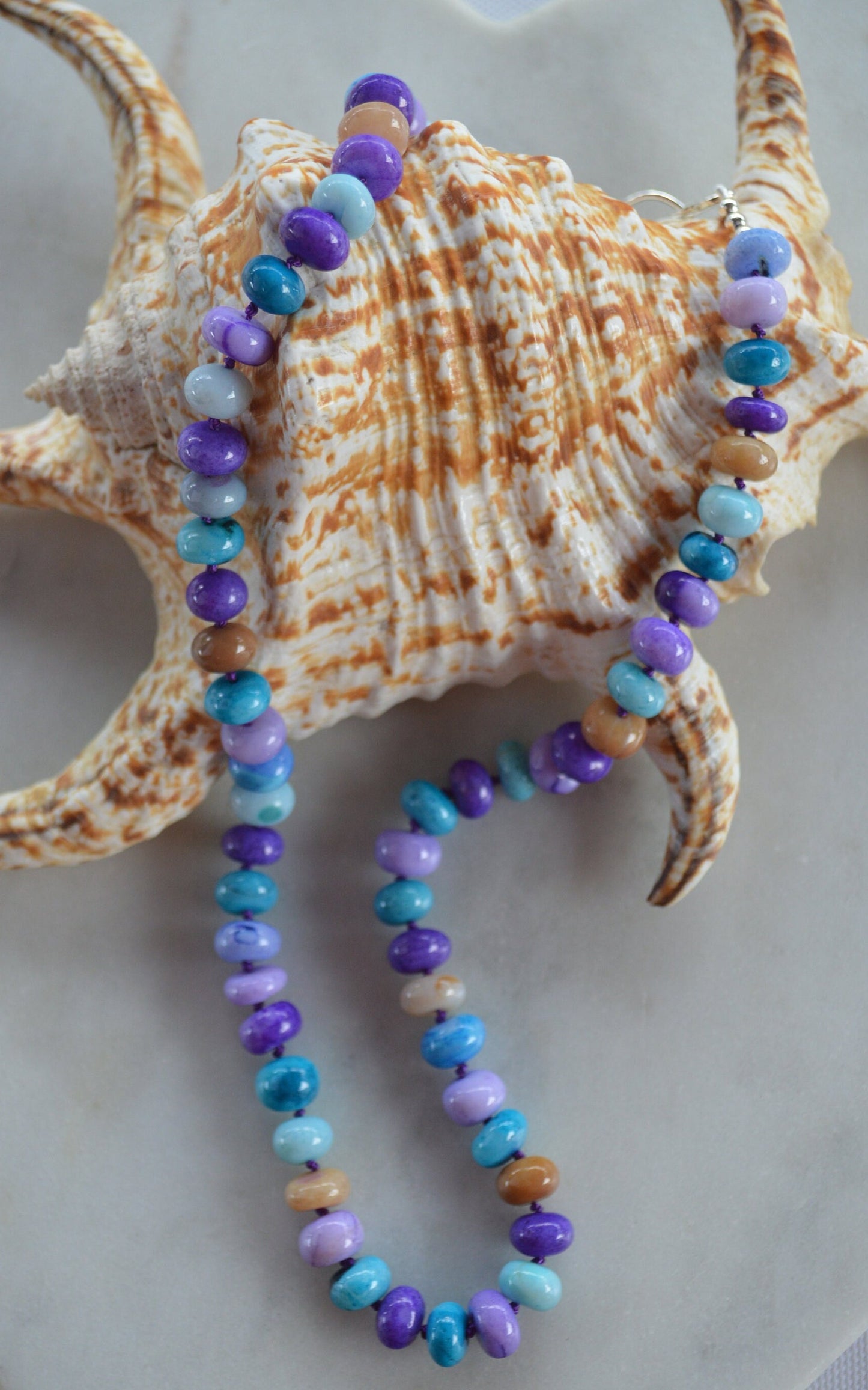 Purple, Lilac, Blue and Mocha Smooth Opal 19" Necklace Hand Knotted on Purple Silk.  Sterling Silver Hand Forged Hook and Eye Clasp.