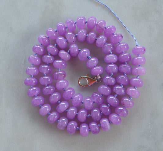 Lavender Quartz Rondell Necklace Hand Knotted on Lilac Silk.  Sterling Silver Lobster Clasp. Choose 18", 20" or 21" at Checkout