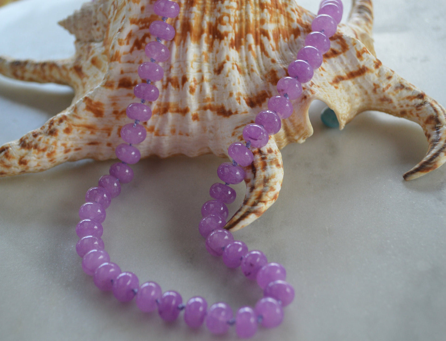 Lavender Quartz Rondell Necklace Hand Knotted on Lilac Silk.  Sterling Silver Lobster Clasp. Choose 18", 20" or 21" at Checkout