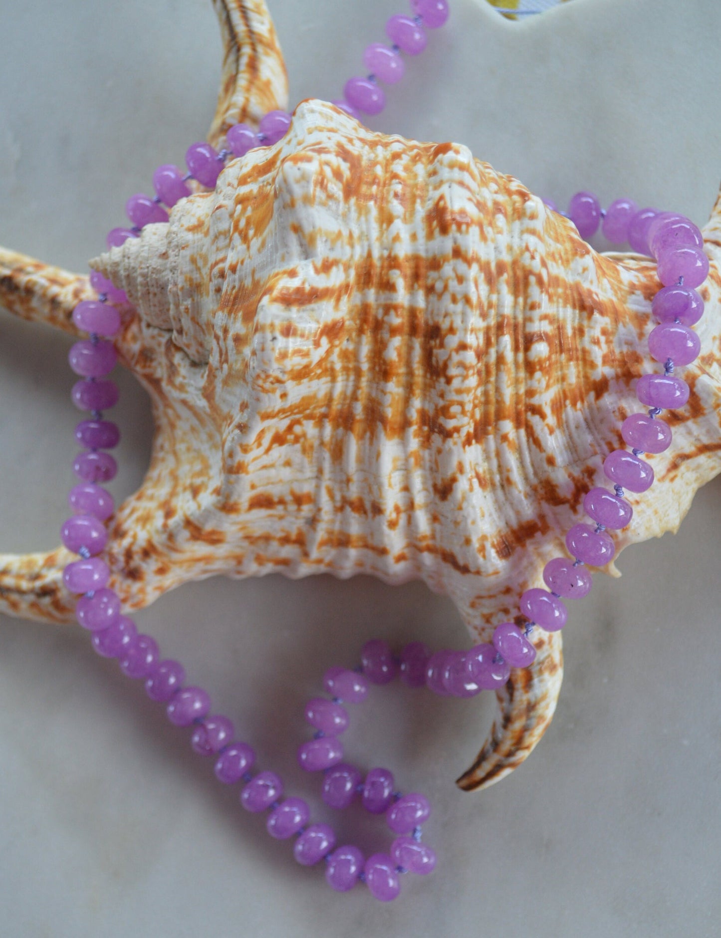 Lavender Quartz Rondell Necklace Hand Knotted on Lilac Silk.  Sterling Silver Lobster Clasp. Choose 18", 20" or 21" at Checkout