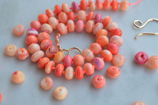 Summer Colors of Coral, Orange & Pink 6.5-7 mm Smooth Rondell Opals Hand Knotted on Custom Coral Silk.  GF Hook and Eye Clasp. Made to Order