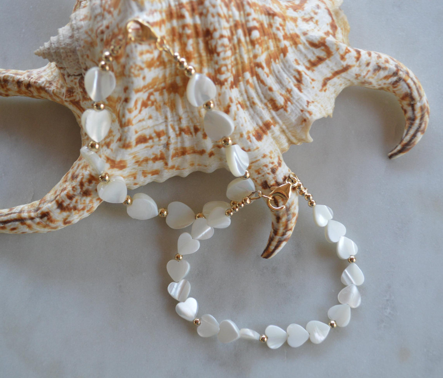 Heart or Square Shaped Mother of Pearl Bracelet with 18K Gold Filled Clasp and Beads.  Beautiful Summer Look!  These Stack Well With Our Other Pieces