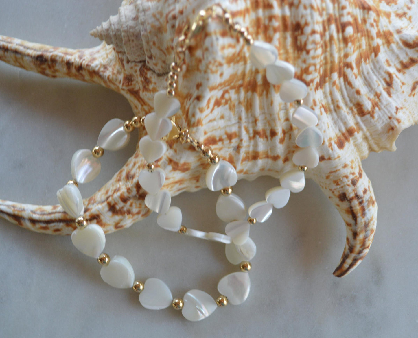 Heart or Square Shaped Mother of Pearl Bracelet with 18K Gold Filled Clasp and Beads.  Beautiful Summer Look!  These Stack Well With Our Other Pieces