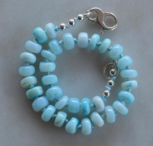 Sky Blue Opal Rondelle Knotted Bracelet.  Sterling Lobster Clasp. Turquoise Silk.  Summer Vibes