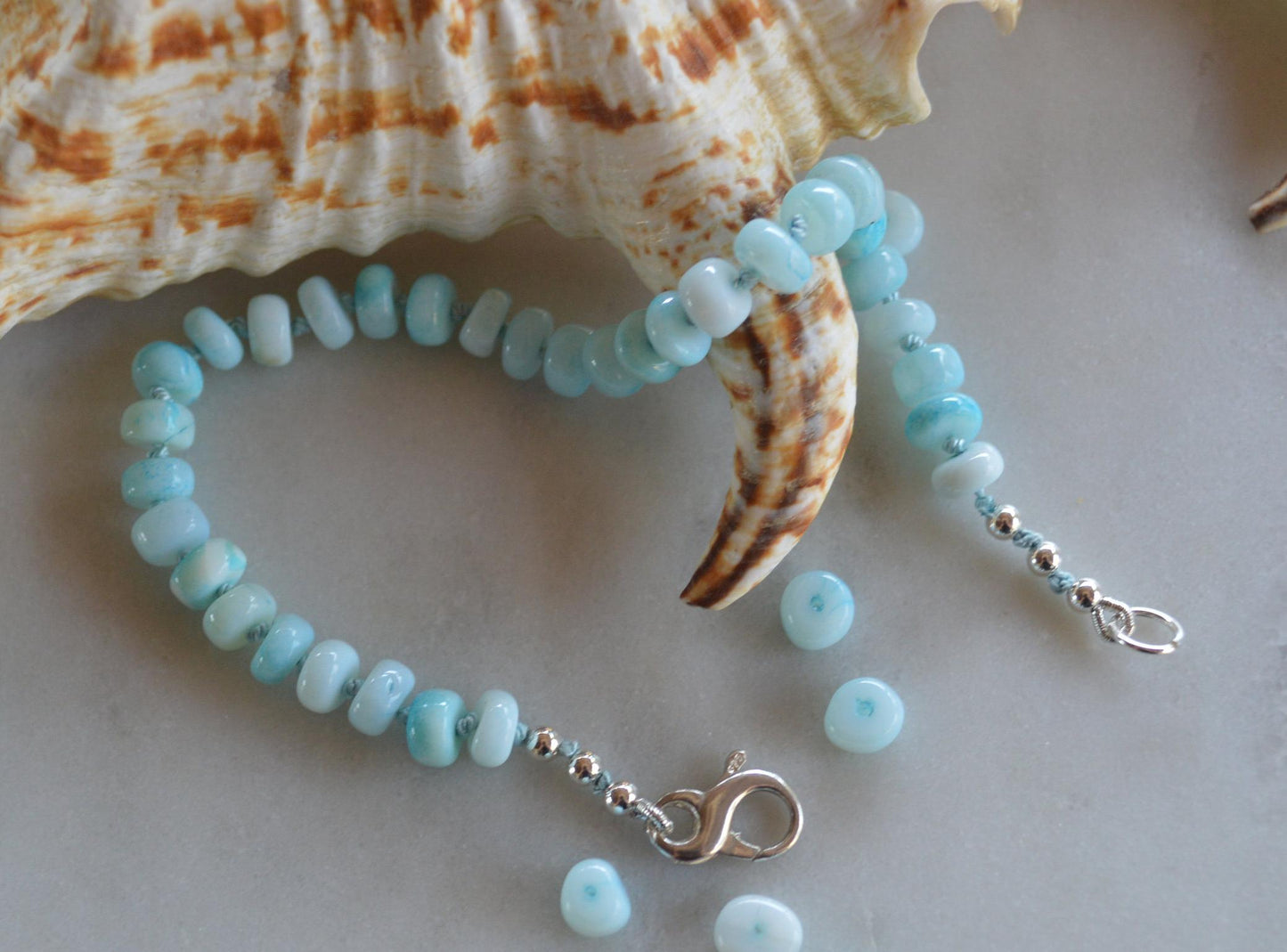 Sky Blue Opal Rondelle Knotted Bracelet.  Sterling Lobster Clasp. Turquoise Silk.  Summer Vibes