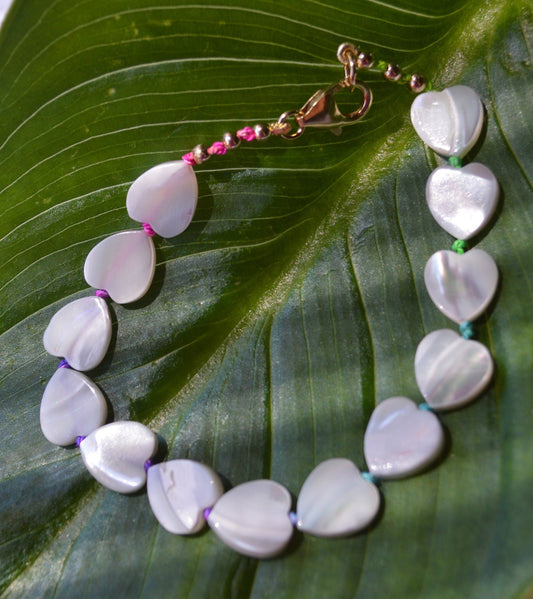 Beautiful Mother of Pearl Heart Bead Bracelet Hand Knotted on Multicolored Silk Thread.  Gold Filled Lobster Claw and Beads. 8 or 10 mm.