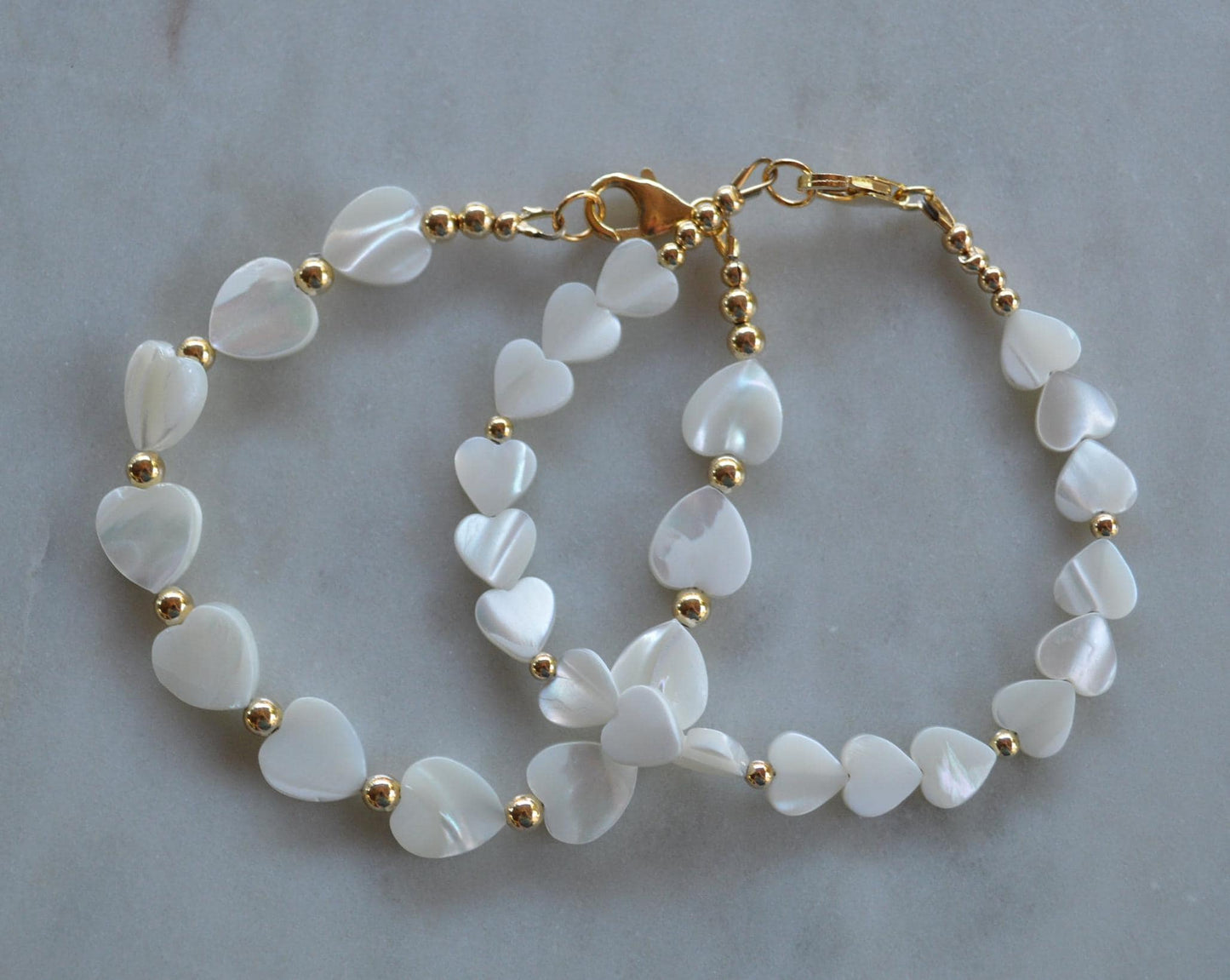 Heart or Square Shaped Mother of Pearl Bracelet with 18K Gold Filled Clasp and Beads.  Beautiful Summer Look!  These Stack Well With Our Other Pieces