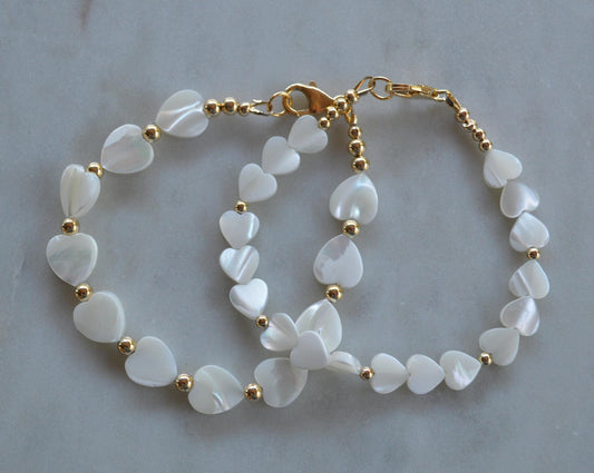 Heart Shaped Mother of Pearl Bracelet with 18K Gold Filled Clasp and Beads.  Beautiful Summer Look!  These Stack Well With Our Other Pieces