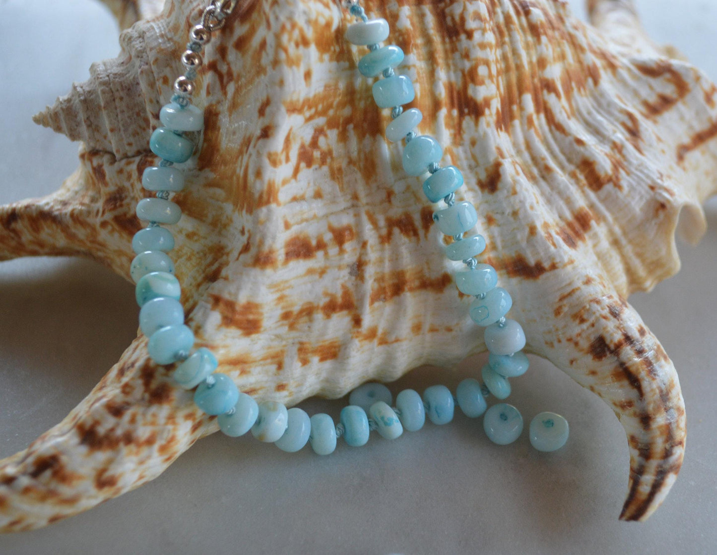 Sky Blue Opal Rondelle Knotted Bracelet.  Sterling Lobster Clasp. Turquoise Silk.  Summer Vibes