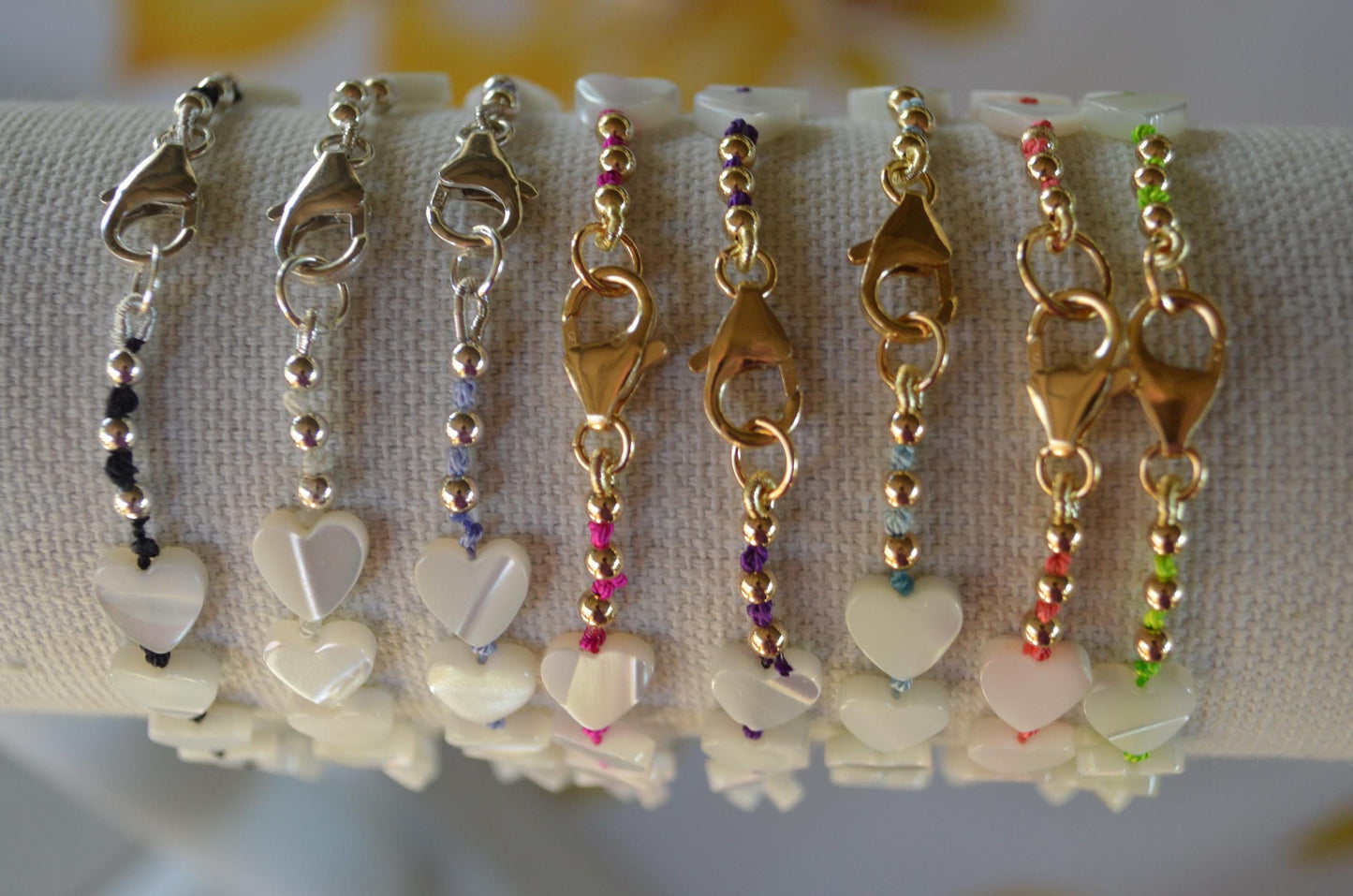 Iridescent 8mm Mother of Pearl Hearts Hand Knotted Bracelets on Various Silk Threads. GF or Sterling Silver Lobster Clasp   7.5"
