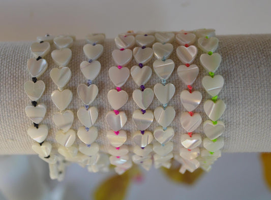 Iridescent 8mm Mother of Pearl Hearts Hand Knotted Bracelets on Various Silk Threads. GF or Sterling Silver Lobster Clasp   7.5"