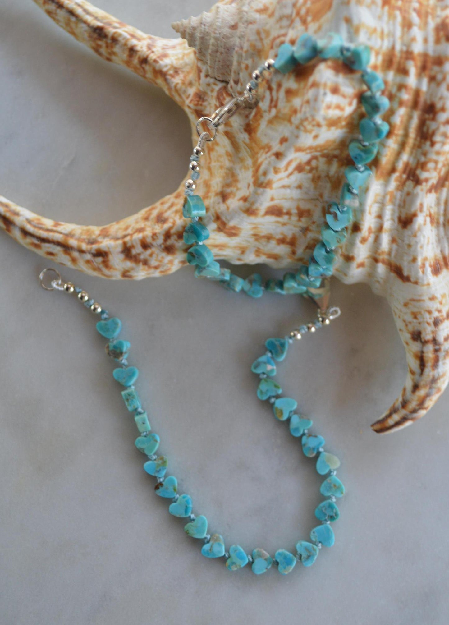 Kingman Turquoise Heart Shaped Beaded Bracelet Hand Knotted on Turquoise Silk. Sterling Lobster Clasp and Beads. 7 1/2" Long