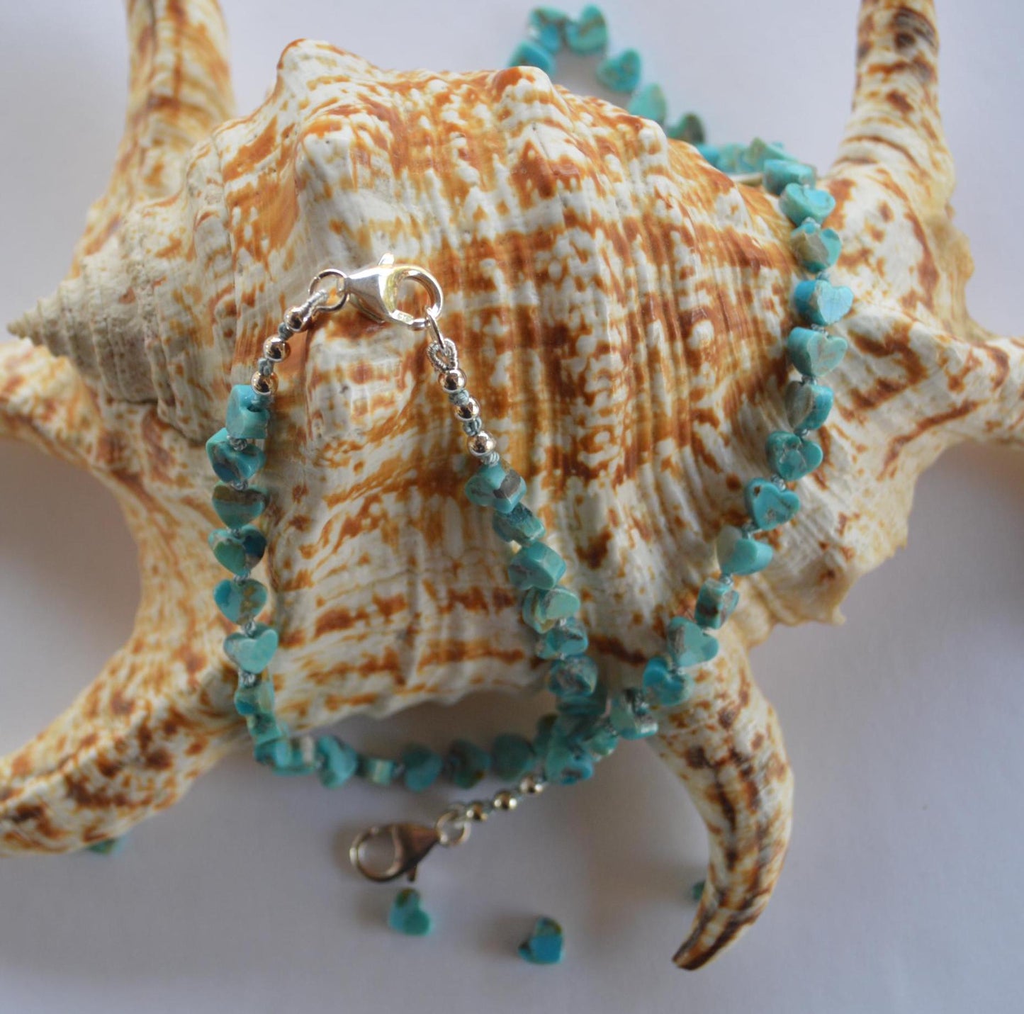 Kingman Turquoise Heart Shaped Beaded Bracelet Hand Knotted on Turquoise Silk. Sterling Lobster Clasp and Beads. 7 1/2" Long