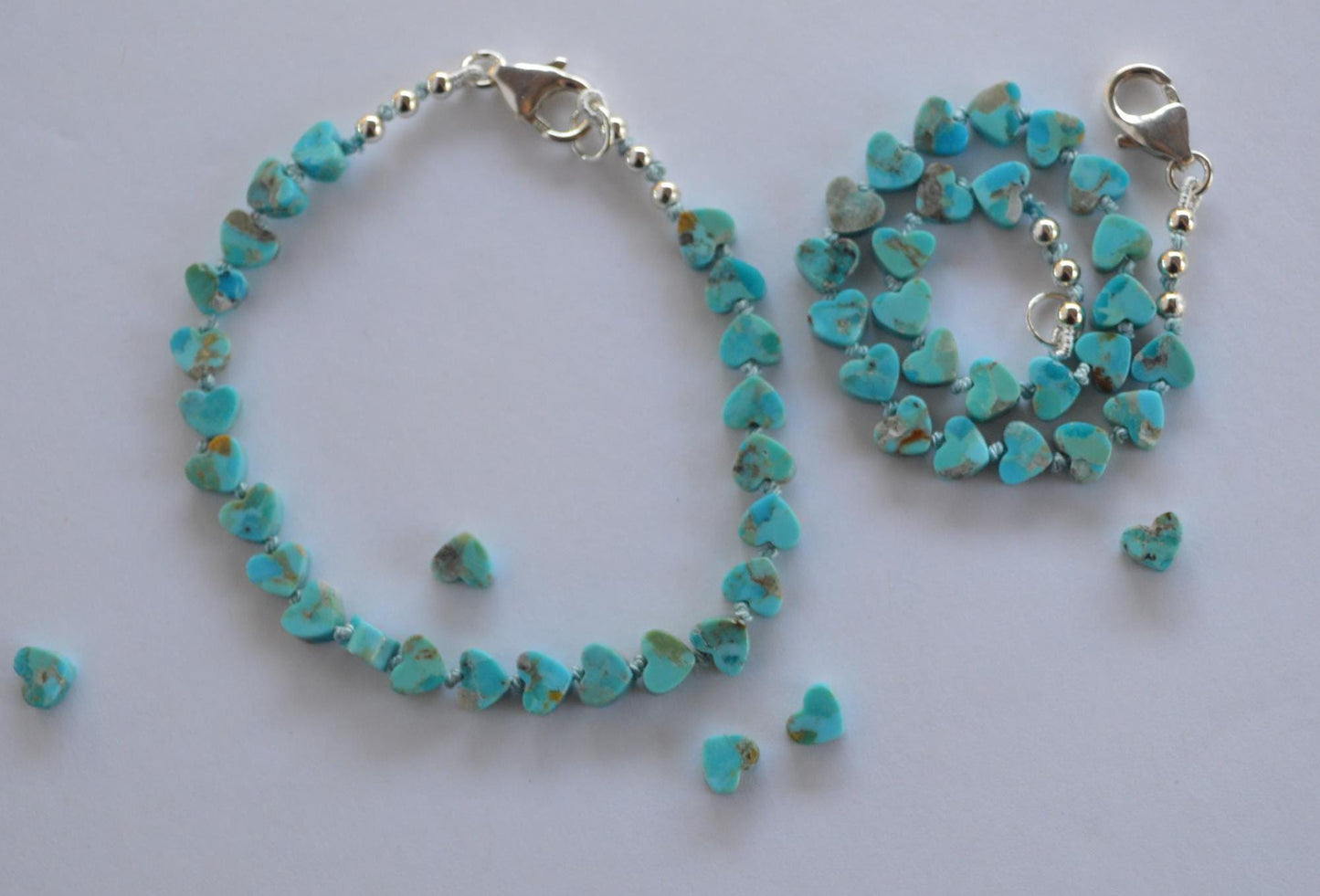 Kingman Turquoise Heart Shaped Beaded Bracelet Hand Knotted on Turquoise Silk. Sterling Lobster Clasp and Beads. 7 1/2" Long