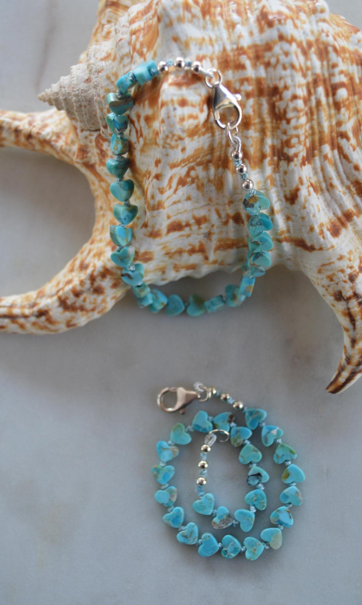 Kingman Turquoise Heart Shaped Beaded Bracelet Hand Knotted on Turquoise Silk. Sterling Lobster Clasp and Beads. 7 1/2" Long