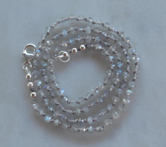 Beautiful and Sparkly 20" AAA Labradorite Necklace Hand Knotted on Grey Silk. Sterling Silver Lobster Clasp and Beads