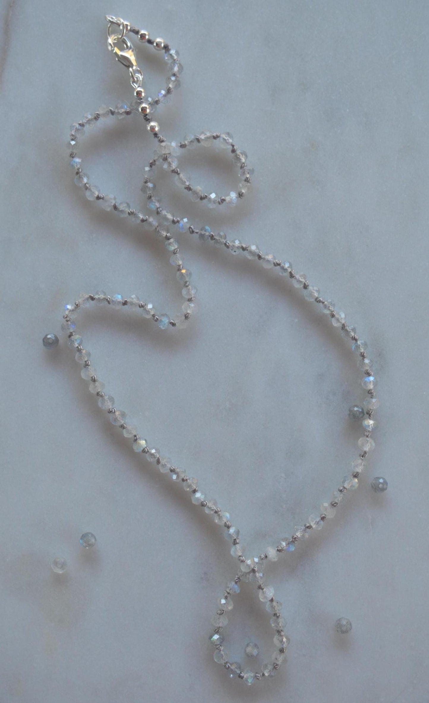 Beautiful and Sparkly 20" AAA Labradorite Necklace Hand Knotted on Grey Silk. Sterling Silver Lobster Clasp and Beads