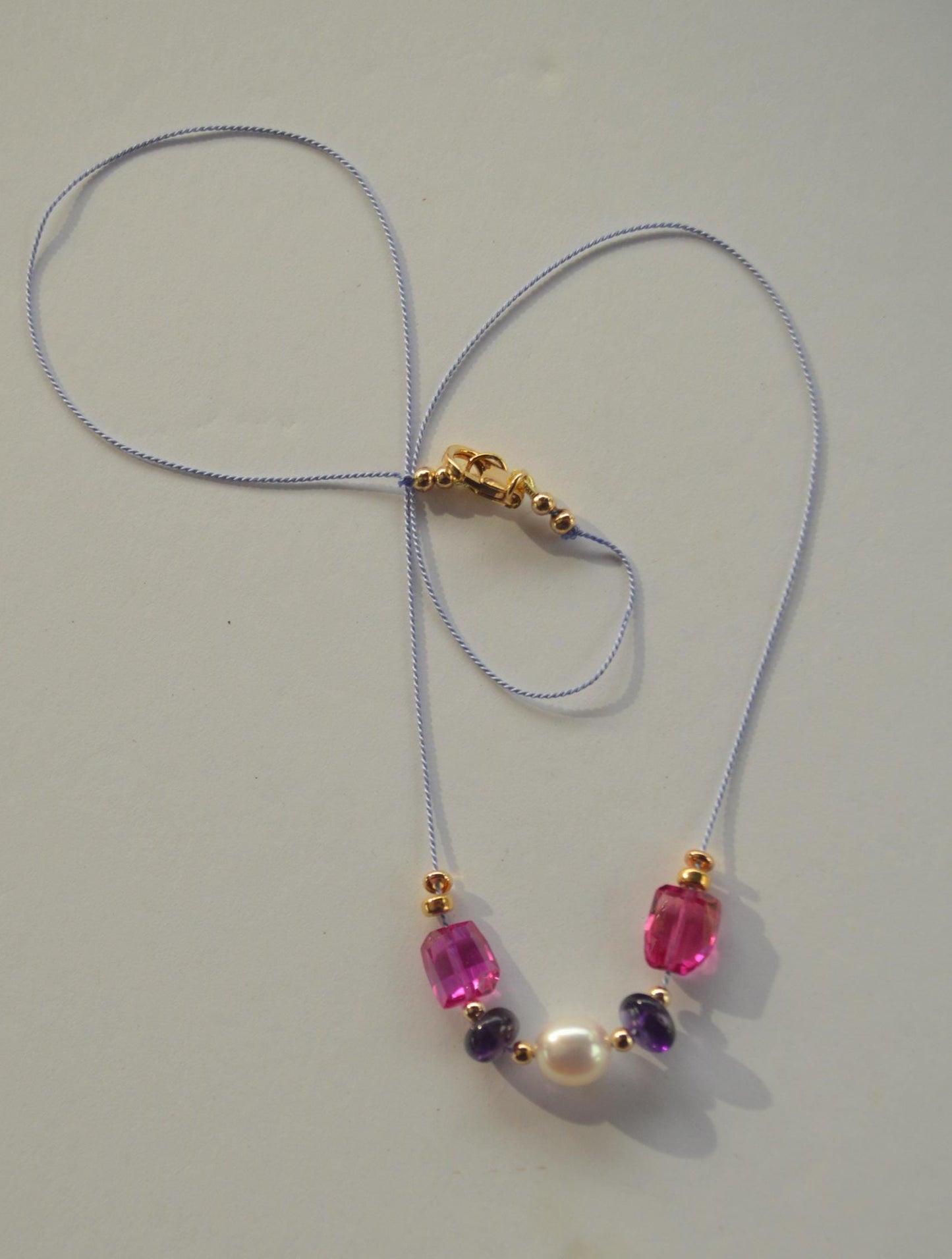 20" AAA Edison Pearl, Pink Spinel Nuggets and Amethyst Rondelles Floating on Lavender Silk.  Gold Filled Lobster Clasp. Very Special Piece