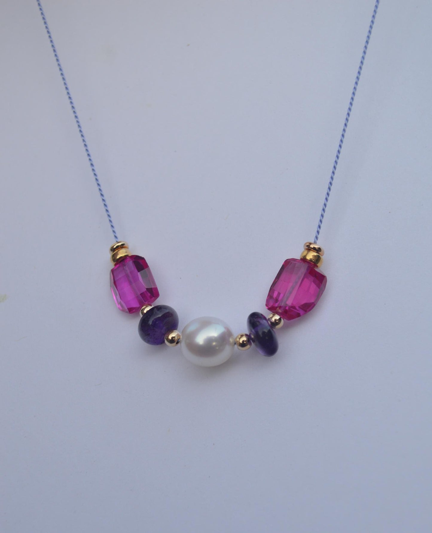 20" AAA Edison Pearl, Pink Spinel Nuggets and Amethyst Rondelles Floating on Lavender Silk.  Gold Filled Lobster Clasp. Very Special Piece