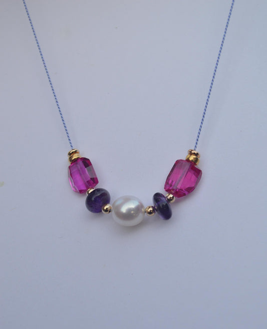 20" AAA Edison Pearl, Pink Spinel Nuggets and Amethyst Rondelles Floating on Lavender Silk.  Gold Filled Lobster Clasp. Very Special Piece