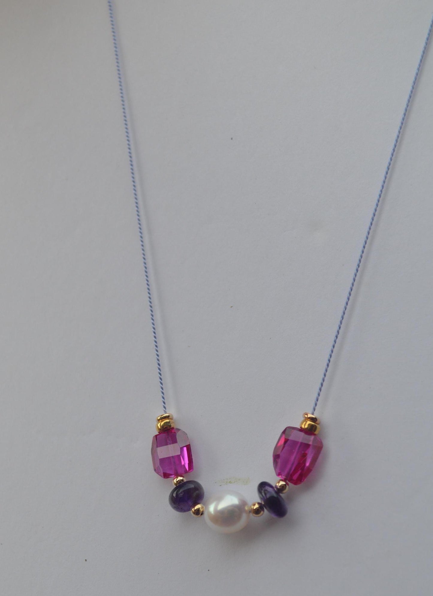 20" AAA Edison Pearl, Pink Spinel Nuggets and Amethyst Rondelles Floating on Lavender Silk.  Gold Filled Lobster Clasp. Very Special Piece