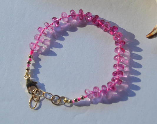 Pink Topaz Rondelle Gemstone Bracelet hand- Knotted on Hot Pink Silk. 7.5" Length Plus 1" Extender Chain