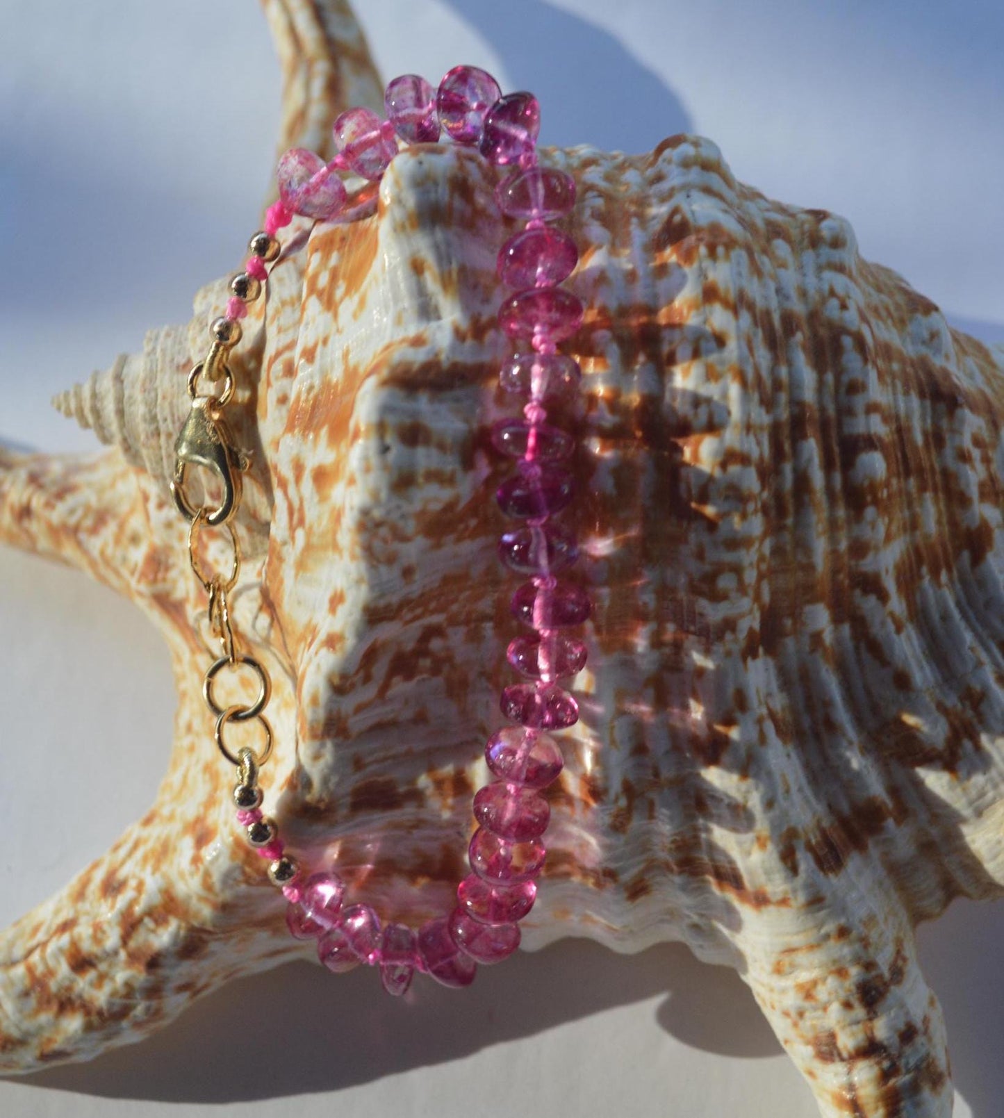 Pink Topaz Rondelle Gemstone Bracelet hand- Knotted on Hot Pink Silk. 7.5" Length Plus 1" Extender Chain