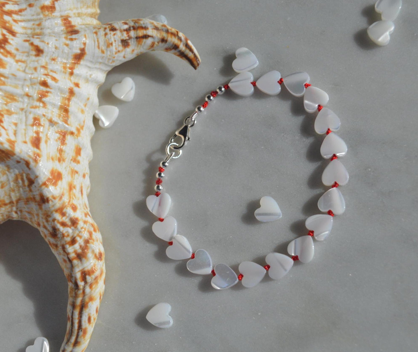 Hearts Afire! Mother Of Pearl Hearts Bracelet Hand Knotted on Red Silk. 7.5" But Can Be Made Any Length