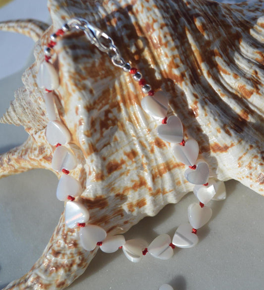 Hearts Afire! Mother Of Pearl Hearts Bracelet Hand Knotted on Red Silk. 7.5" But Can Be Made Any Length