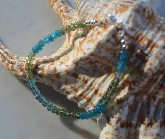 Beautiful High Grade Blue and Green Apatite Gemstone Bracelet, Sterling Silver Lobster Clasp and Beads.  Gemstones are Smooth Rondelles.