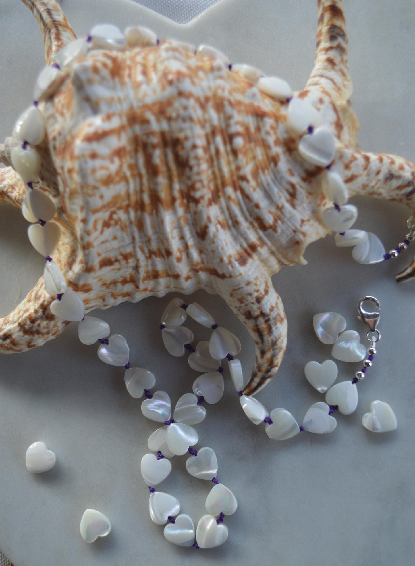 Heart to Heart! 18" or 22" Necklace of Mother of Pearl Heart Shaped Beads Hand Knotted on Amethyst Silk. Sterling Italian Lobster Clasp.