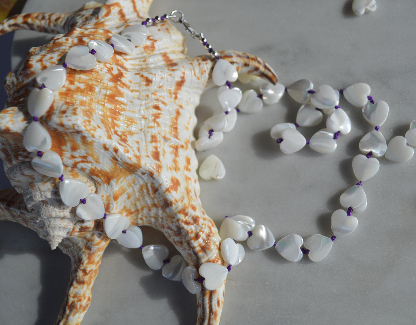 Heart to Heart! 18" or 22" Necklace of Mother of Pearl Heart Shaped Beads Hand Knotted on Amethyst Silk. Sterling Italian Lobster Clasp.