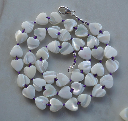 Heart to Heart! 18" or 22" Necklace of Mother of Pearl Heart Shaped Beads Hand Knotted on Amethyst Silk. Sterling Italian Lobster Clasp.