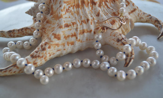 AA Pearls Hand Knotted on Sapphire Blue Silk. 20" With Hand Forged Gold-Filled Hook and Ey Clasp