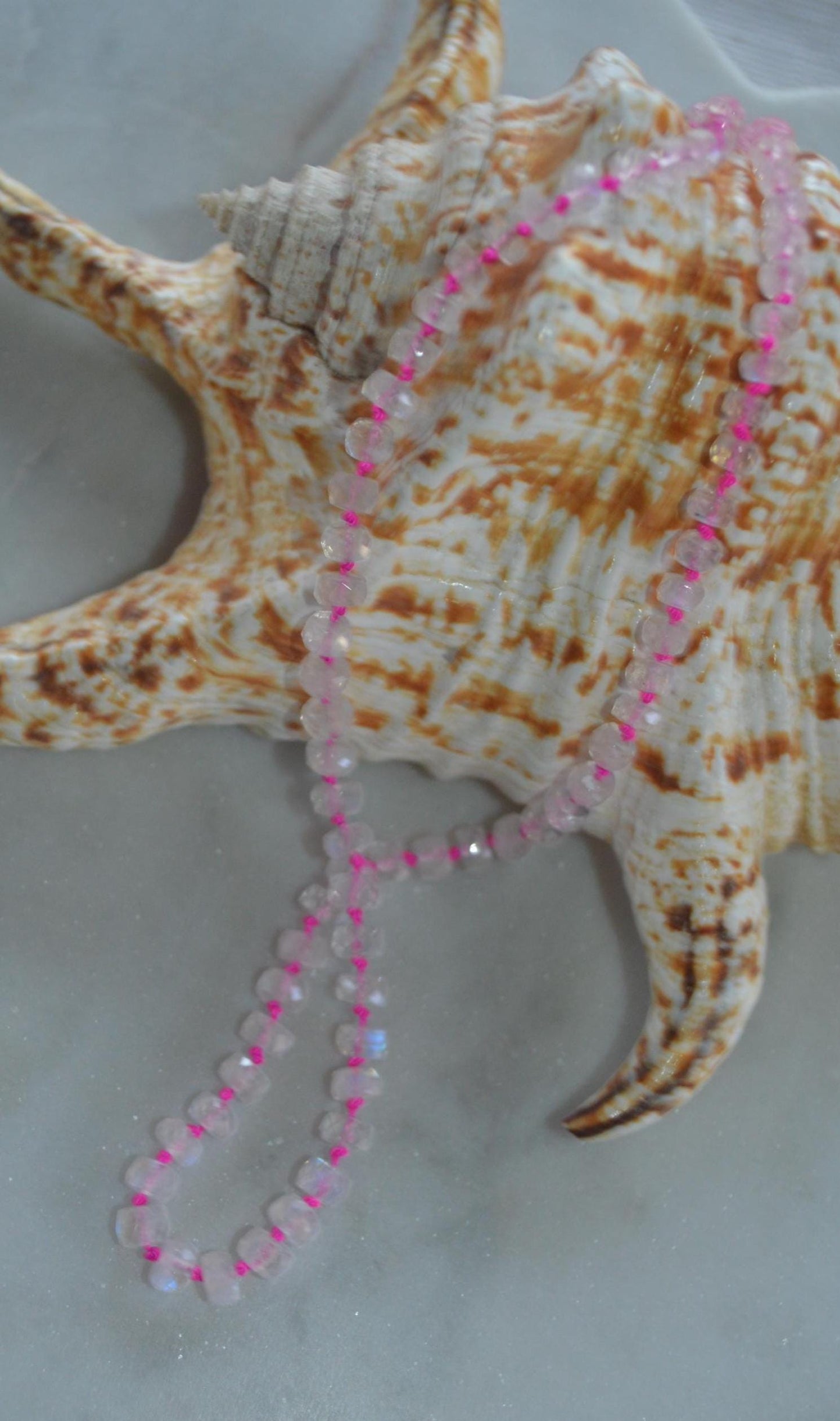 AAA Rainbow Moonstone Knotted Necklace on Fuchsia Silk. Gold Filled Lobster Clasp and Beads. 18" Long