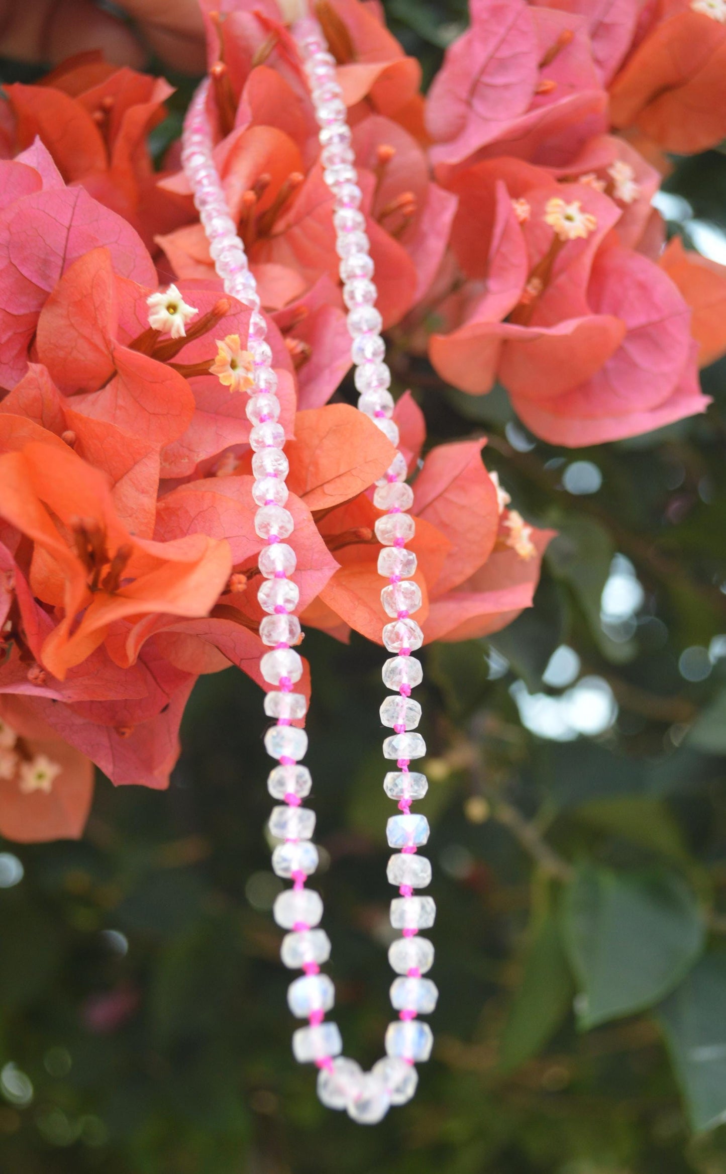 AAA Rainbow Moonstone Knotted Necklace on Fuchsia Silk. Gold Filled Lobster Clasp and Beads. 18" Long